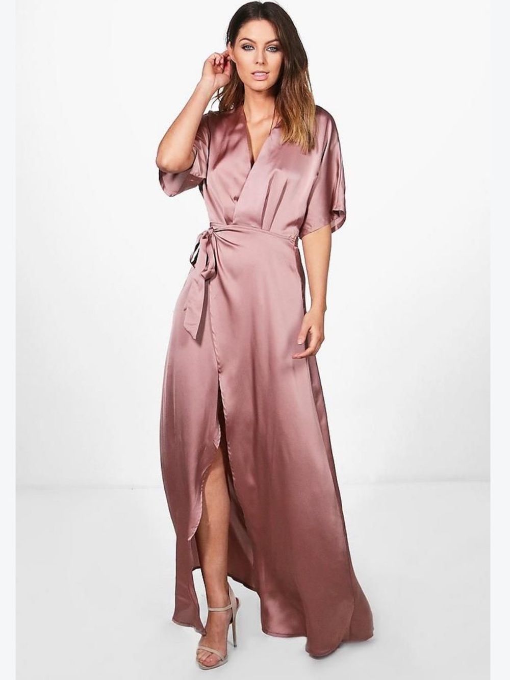 NWT Boohoo Satin Wrap Maxi Dress in Dusty Rose